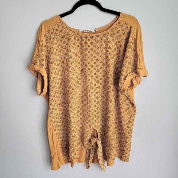 Liberty Love Orange Ethnic Abstract Print Front Hem Tie Boho Scoop Neck Boxy Top - Picture 1 of 8